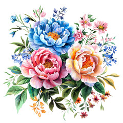 Beautiful arrangement of colorful flowers featuring peonies, hydrangeas, and daisies. Perfect for spring-themed designs.