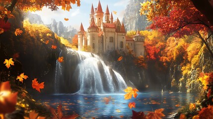 A Majestic Autumnal Castle Situated by a Waterfall and Pond