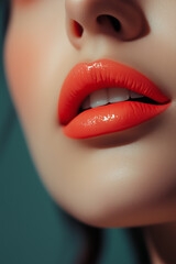 Obraz premium Vibrant Orange Lipstick on Glossy Lips in Close-Up View