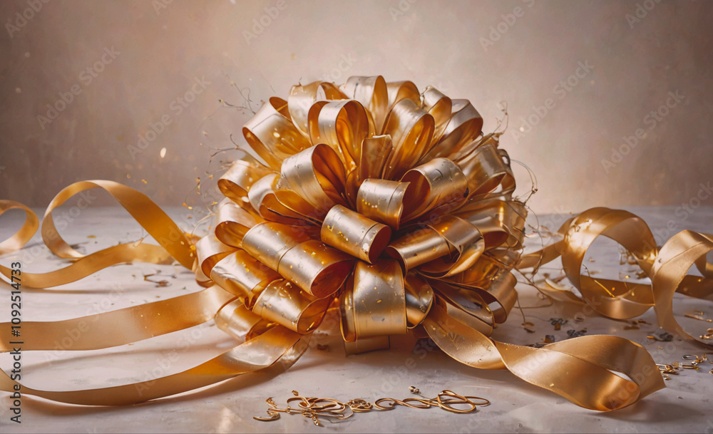 Poster gold ribbon is on a table. the ribbon is gold and has a bow on it