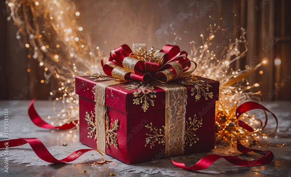 Poster red box with gold ribbon on it. the box is decorated with snowflakes