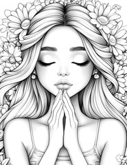 Fototapeta premium A woman with long blonde hair is praying with her hands clasped together