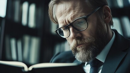 Focused businessman with glasses deeply engaged in reading a book, surrounded by office shelves filled with books and documents.