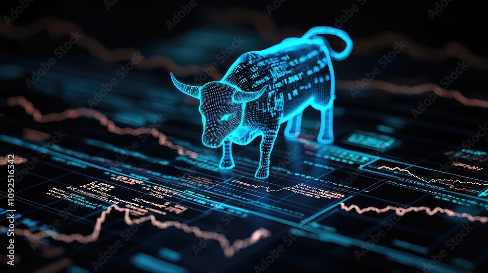 Aufkleber digital bull symbolizing stock market growth on data graphs.