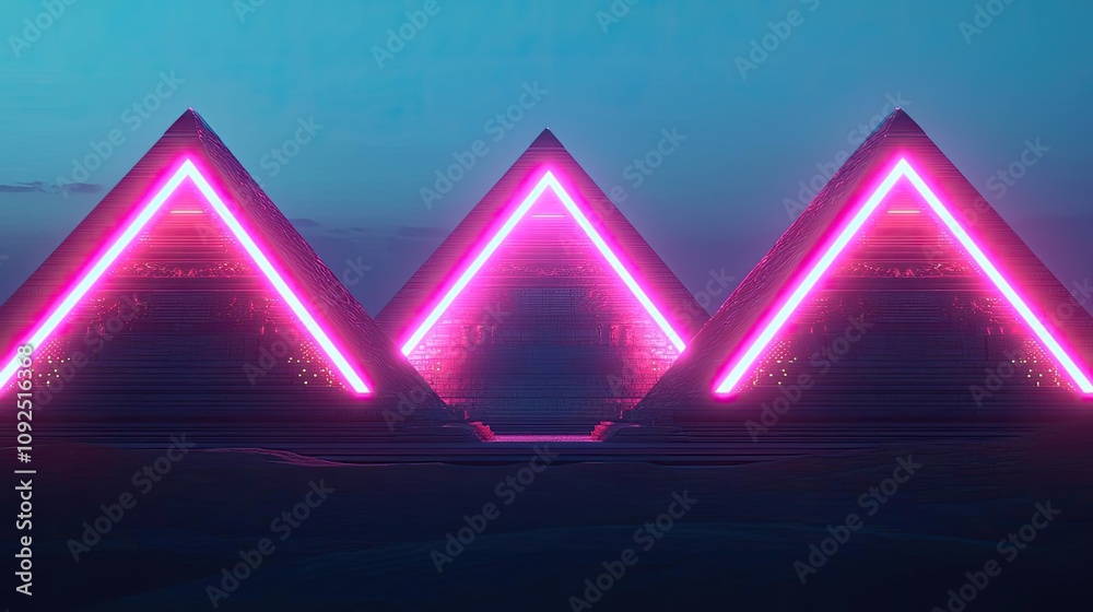 Poster neon pyramids illuminated against a twilight sky, showcasing modern architectural design.