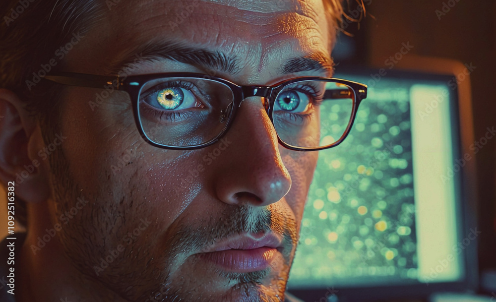Poster man wearing glasses is looking at a computer screen. the screen is green and has a blurry image