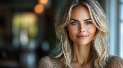 Obraz premium minimalistic portrait of beautiful blonde caucasian woman 40 year old in beige sweater at home