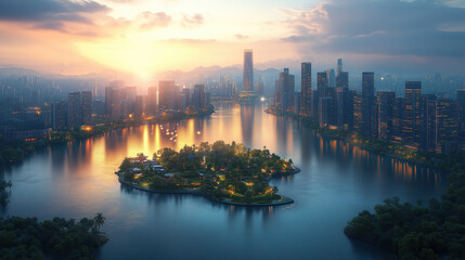 Fototapeta premium Breathtaking sunset over a vibrant city skyline reflecting on a serene river with an island. Generative AI