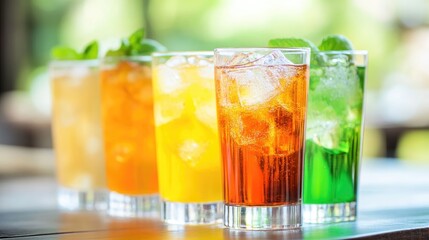 Fototapeta premium Colorful drinks in tall glasses with ice and mint, set against a soft-focused background, providing ample blank space for text overlay.