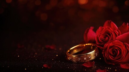 Elegant gold rings surrounded by vibrant red roses on a soft dark background, featuring a blank space for personalized text or messages.