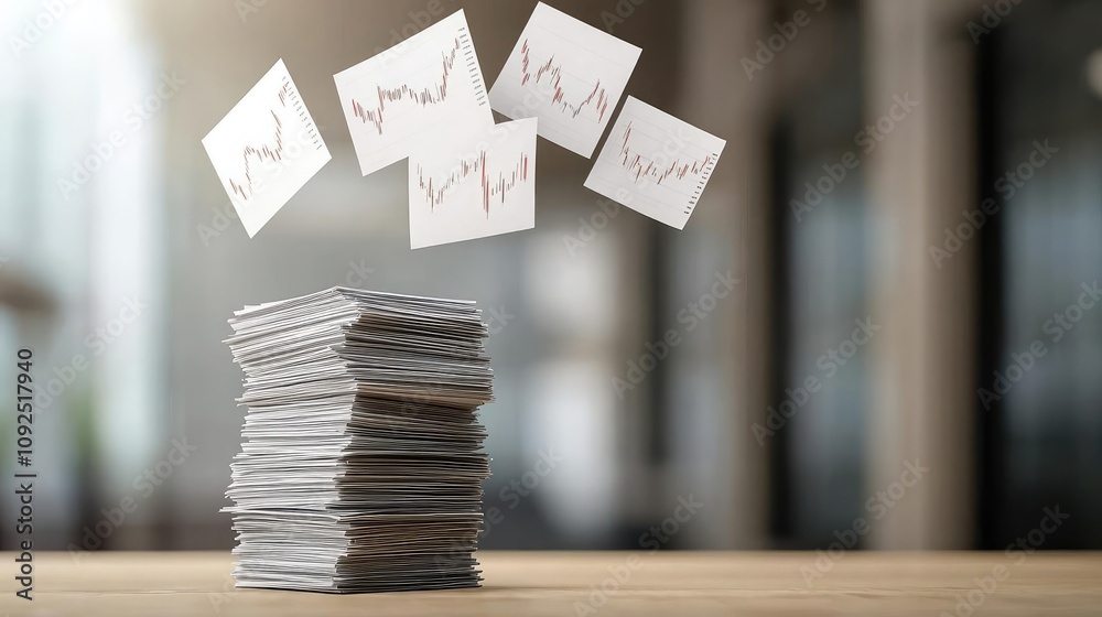 Poster Business papers and analysis charts on a desk, stacked with floating graphs.