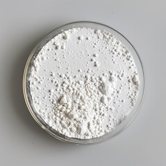 Overhead view of white powder in transparent dish.