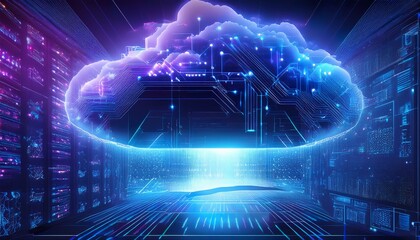 digital cloud, AI elements, sleek futuristic design, intricate computer network, vibrant blue and purple hues, high-tech gadgets, glowing lines, modern workspace, detailed circuit patterns, holographi
