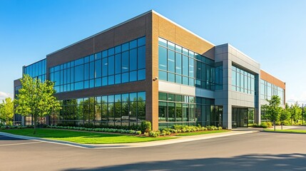 Obraz premium Modern office building with large windows and landscaped surroundings.