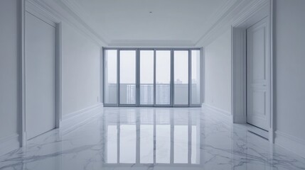 Bright and spacious apartment room featuring pristine white walls and glossy marble flooring with large windows for natural light and product display opportunities.