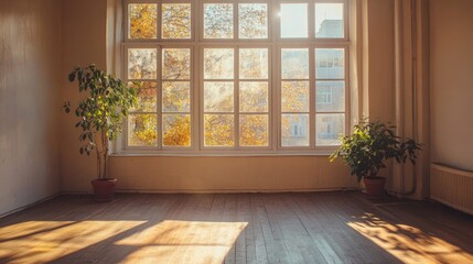 Fototapeta premium Bright corner perspective of an empty room with sunlight streaming through large windows, showcasing vibrant autumn foliage outside and potted plants indoors.