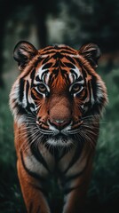 Obraz premium A majestic tiger walks through a lush, green forest with its piercing gaze focused ahead. The warm glow of twilight enhances its striking orange and black stripes, creating an awe-inspiring sight.