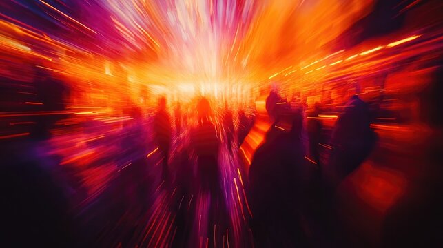 Vibrant abstract scene showcasing blurred crowds in a lively street, with dynamic layers of movement and color blending together for an energetic atmosphere.
