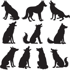 Black and white illustration of a playing wolf vector icon illustration on white background