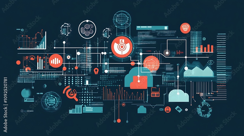 Poster abstract data visualization: network of interconnected digital elements and graphs