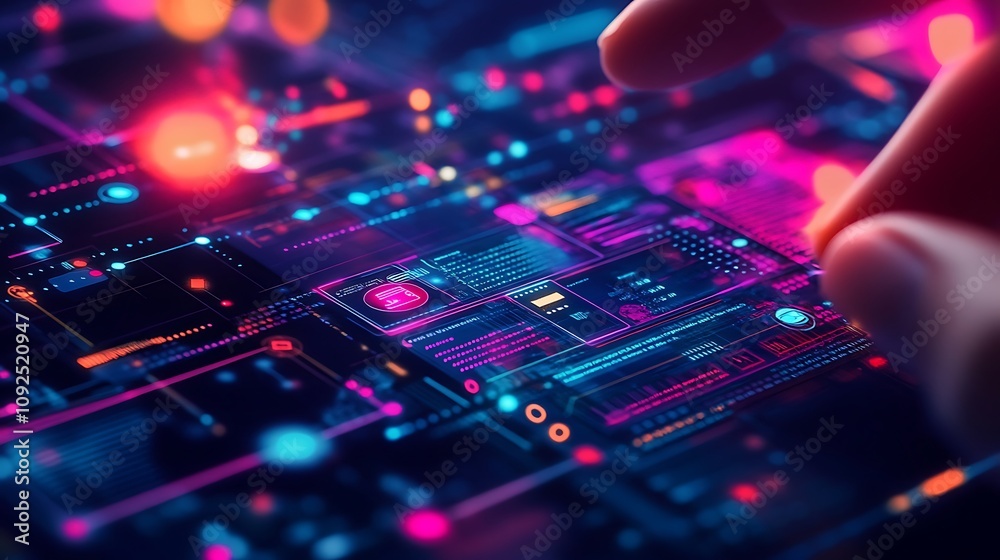 Poster finger interacting with a futuristic digital interface displaying data
