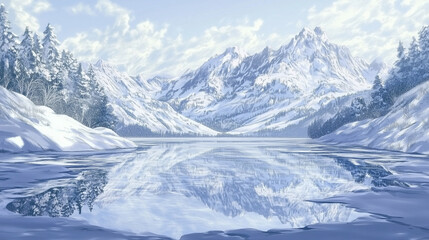 Obraz premium A frozen lake surrounded by snow-capped mountains, reflecting the pale winter sky, anime style