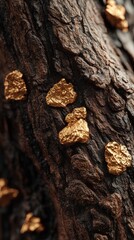 Golden nuggets on a textured tree bark.