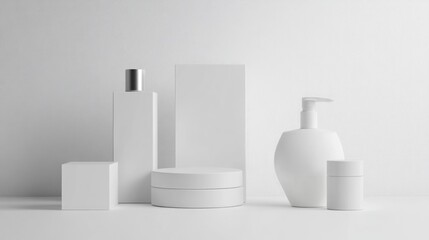 Modern cosmetics packaging mockup in various shapes and sizes, featuring sleek white containers on a clean white background for branding design applications.