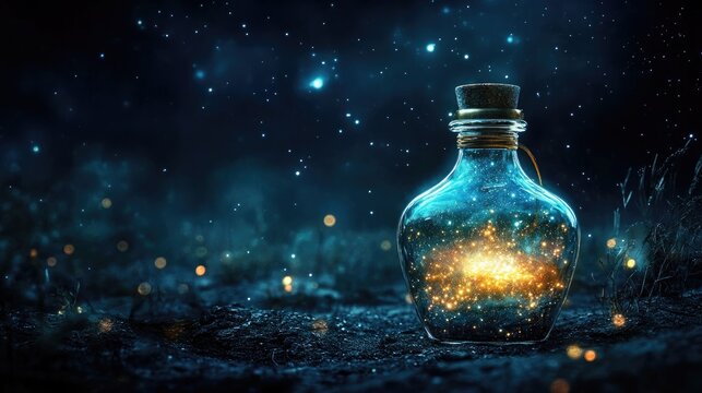 Illuminated glass bottle filled with a shimmering galaxy potion under a dark starry sky, evoking a sense of magical fantasy and intrigue.