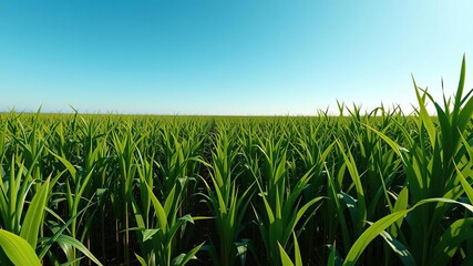 Fototapeta premium A vast sugar cane field stretching towards the horizon under a bright blue sky, sugar cane, rural views
