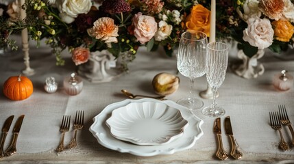 Sophisticated reception table setting with white linen, delicate porcelain plates, elegant wine glasses, and floral centerpiece for a wedding or anniversary celebration