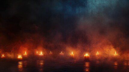 Fototapeta premium Halloween themed background with flickering candles casting a warm glow amidst swirling mystical fog for an enchanting atmosphere.