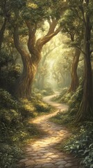 Obraz premium A serene forest path is illuminated by sunlight filtering through dense trees in the early morning. Lush greenery surrounds the winding trail, creating a tranquil atmosphere.