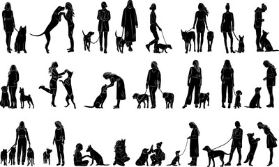 people and dogs silhouette set, vector