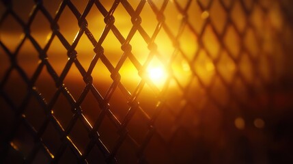 Golden sunrise illuminating a weathered chain link fence, symbolizing hope and resilience with warm golden hues and intricate metal patterns.