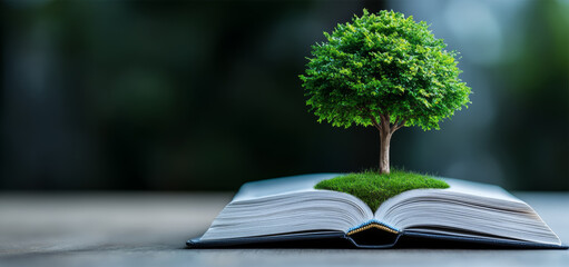 A tree of knowledge grows from an ancient book in a quiet library, symbolizing education and philosophy