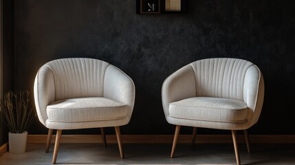 Contemporary cream armchairs with rounded edges and textured fabric, complemented by sleek wooden legs in a modern minimalist setting against a dark backdrop.