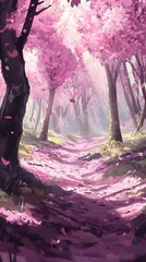 Naklejka premium A peaceful forest pathway is surrounded by vibrant pink trees, with petals gently falling to the ground. Sunlight filters through the branches, enhancing the serene atmosphere of spring.