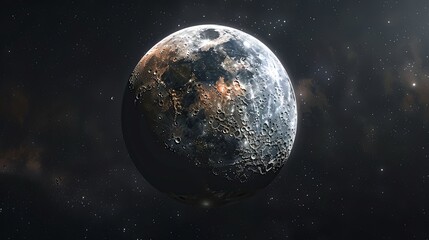Obraz premium A close-up of a moon-like celestial body with craters and a bright glow on one side, surrounded by stars in space.