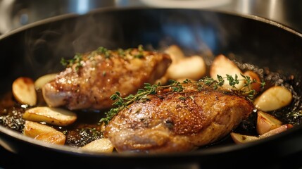 Roasted duck with thyme and apples served in a skillet, showcasing a traditional culinary preparation with crispy skin and golden-brown fruit.
