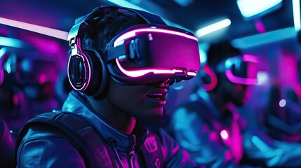 Participants express awe and excitement while experiencing advanced virtual reality in a futuristic space with vibrant lighting