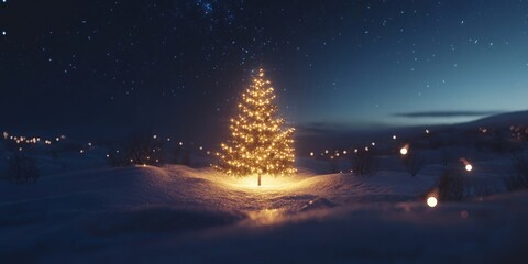 Fototapeta premium A Christmas tree glowing with golden lights in a snow-covered field surrounded by twinkling holiday lights under a starry night sky