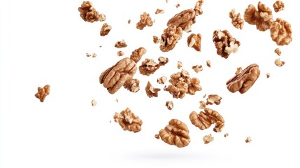 Obraz premium Whole and cracked walnuts adrift in mid-air on a pristine white background, showcasing organic snacks and healthy superfoods for promotional use.
