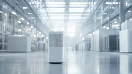 Futuristic air purifier prominently displayed in a sleek, modern factory with bright lighting and clean, orderly surroundings.