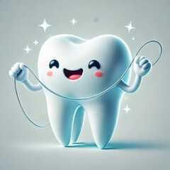 A cheerful, cartoonish tooth character proudly holding dental floss, promoting oral hygiene and healthy smiles for kids and families.