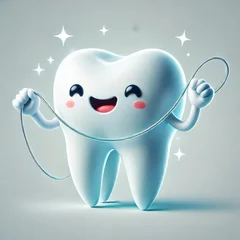 A cheerful, cartoonish tooth character proudly holding dental floss, promoting oral hygiene and healthy smiles for kids and families.
