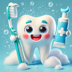 A cheerful cartoon tooth character holds a toothbrush and toothpaste, surrounded by bubbles, promoting dental hygiene in a fun and engaging way.