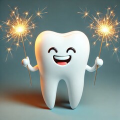 A cheerful cartoon tooth character holding sparklers, symbolizing dental health and joy. Perfect for dental marketing, children's health campaigns, or holiday promotions.