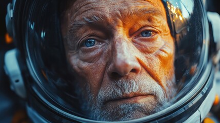  old astronaut . Granddad with vintage space suit. expresive eyes , Fiction concept about space exploration and science