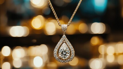 Elegant diamond pendant on a delicate gold chain showcased in a jewelry display with a blurred bokeh background highlighting its brilliance.